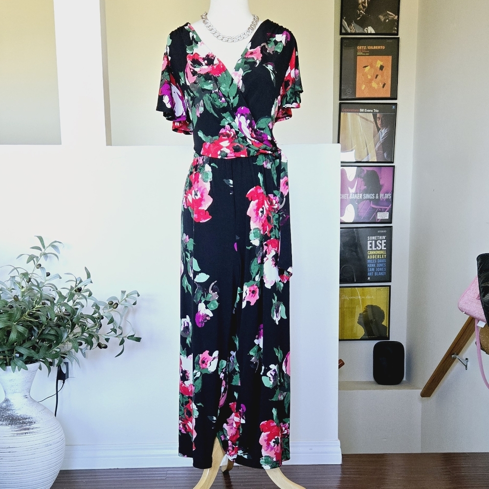 TIANA B Floral Faux Wrap Flutter Sleeve V-neck Jersey Spandex Jumper Romper 1X